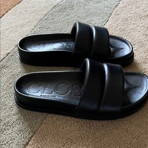 Closed Black Padded Leather Slide Sandals Size 38